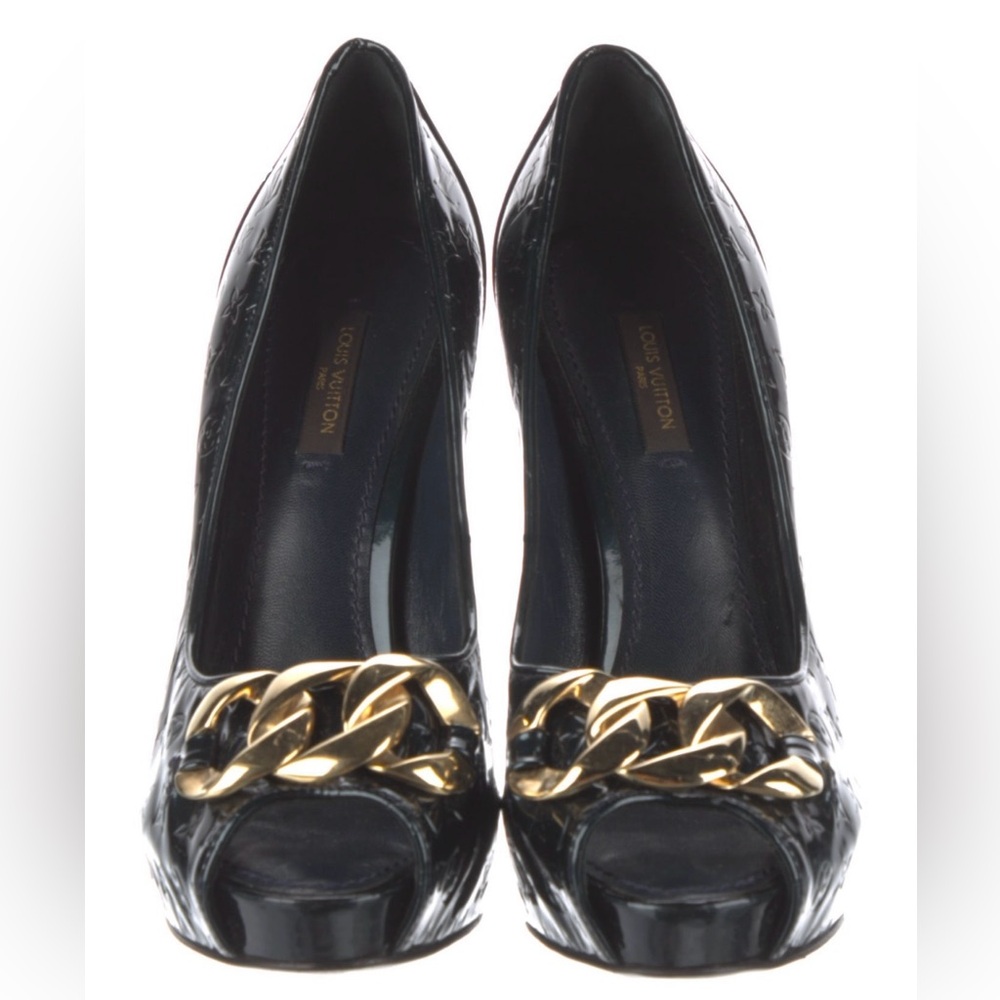 Louis Vuitton Black Peep-Toe Heels with Gold Chain